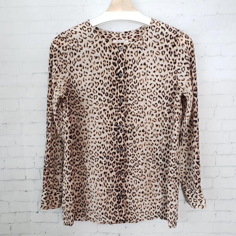 Equipment Femme 100% Silk Blouse XS Leopard Animal Print Button Up Collarless